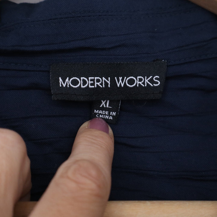 Modern Works Navy Blue Crinkle Textured Short Sleeve Button Up Shirt XL