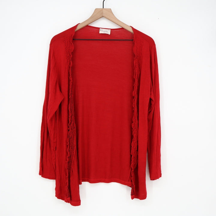 Lavish Red Ruffle Trim Open Front Cardigan Long Sleeve Lightweight Knit Sweater