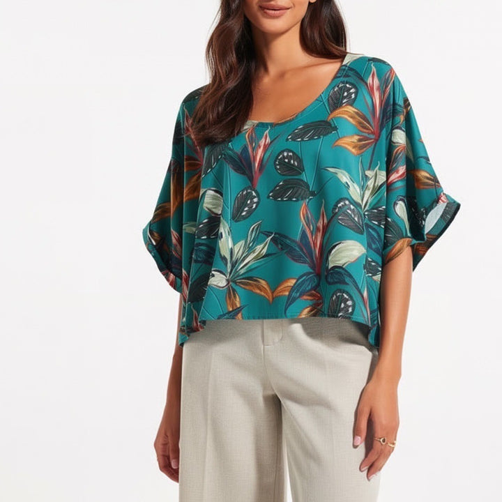 Montserrat Dibango Teal Tropical Leaf Print Boxy High-Low Blouse Top One Size