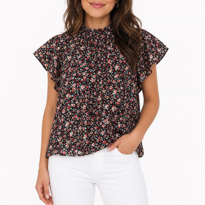 SHEIN Black Floral Mock Neck Flutter Sleeve Blouse Large