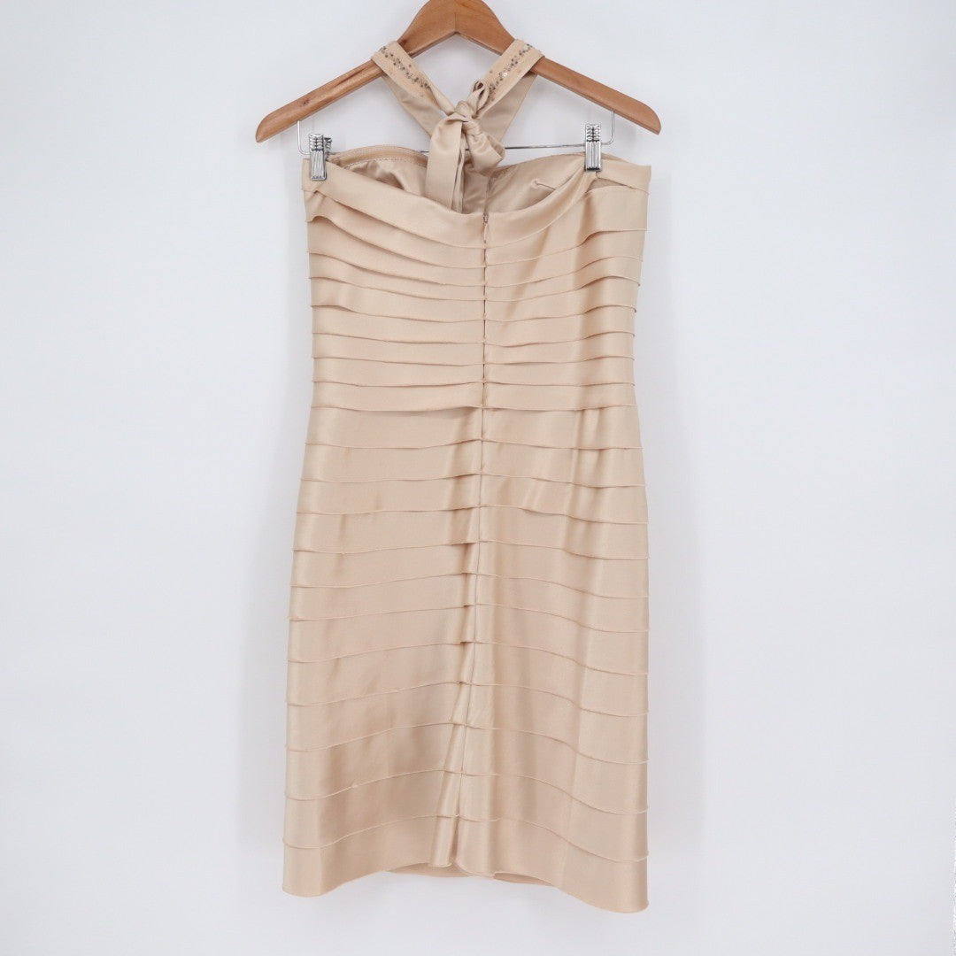 BCBGMAXAZRIA Beige Sequined Halter Neck Tiered Cocktail Dress Size 10