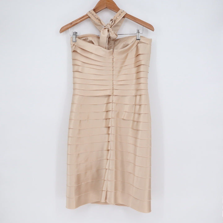 BCBGMAXAZRIA Beige Sequined Halter Neck Tiered Cocktail Dress Size 10