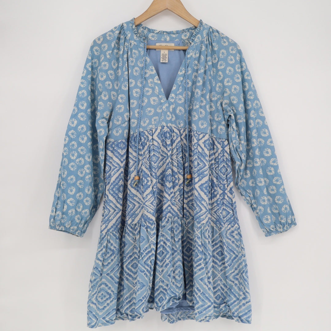 Jessica Simpson Blue Mixed Print Tiered Mini Dress Long Sleeve Cotton Large
