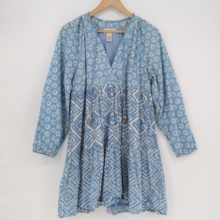 Jessica Simpson Blue Mixed Print Tiered Mini Dress Long Sleeve Cotton Large