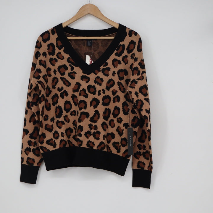 Tahari Womens Leopard Print V-Neck Sweater Tan Black Long Sleeve Knit Size M