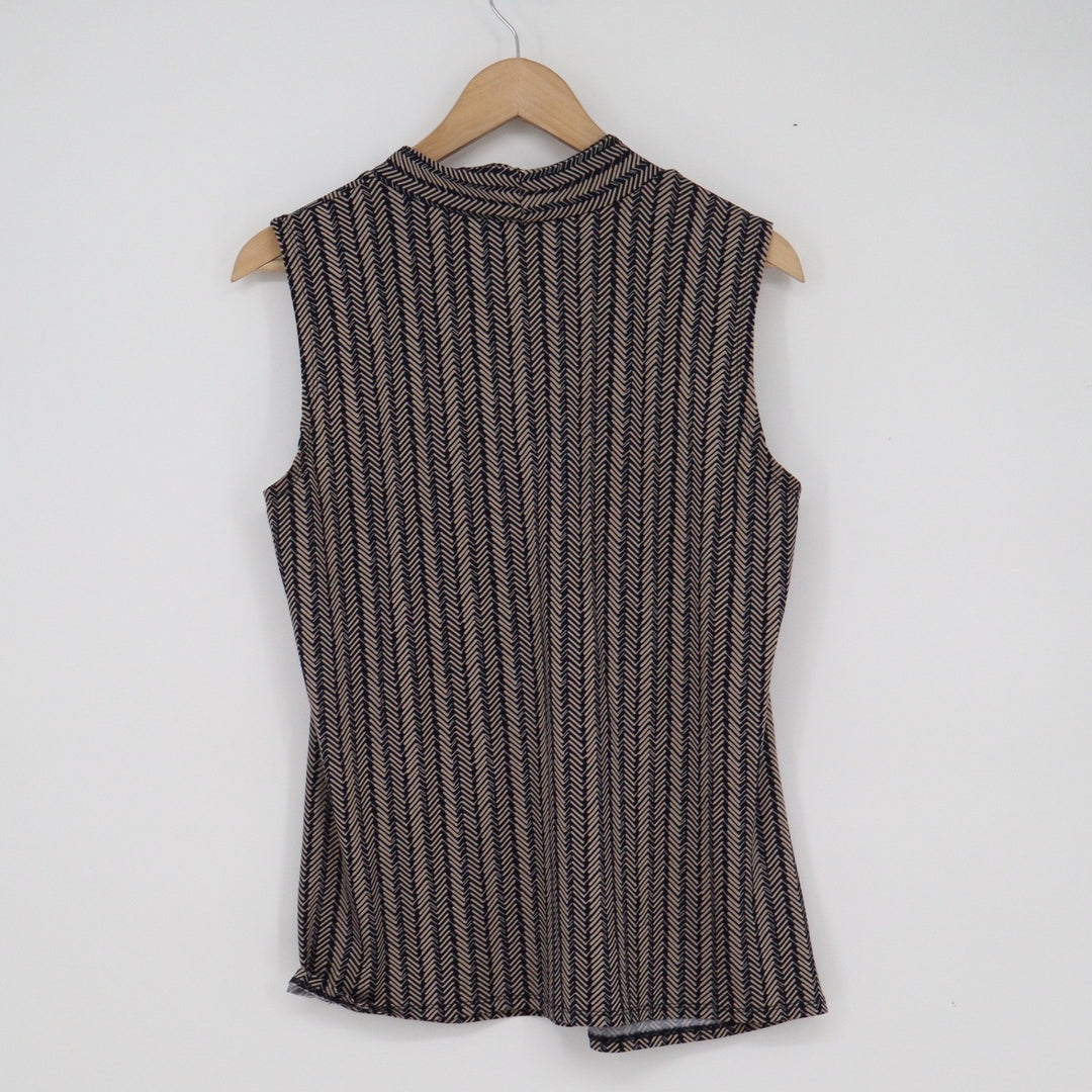 Carol Rose Navy Tan Chevron Print Sleeveless Mock Neck Drape Front Blouse Large