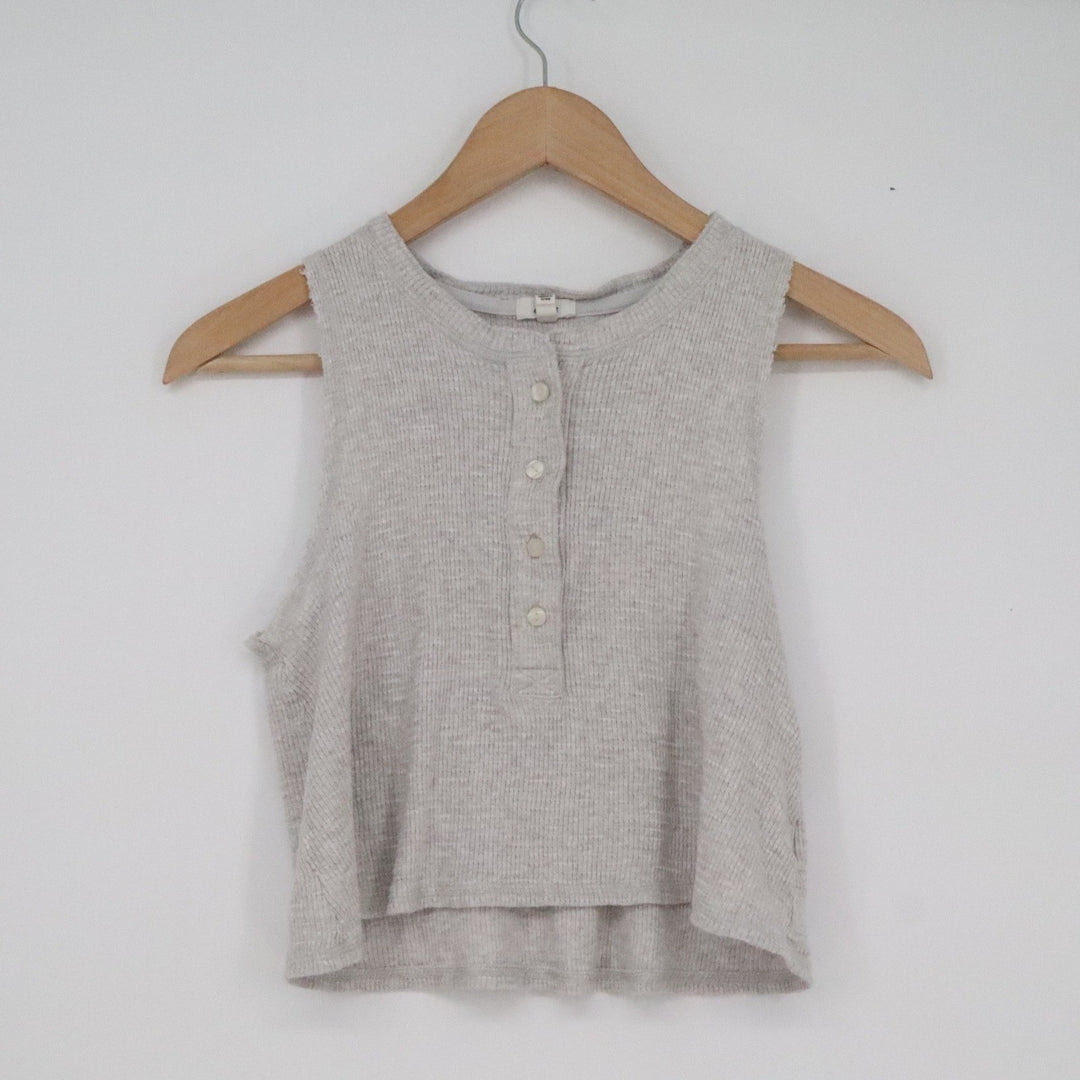 Aerie Gray Ribbed Henley Crop Tank Top Sleeveless Cotton Womens XS