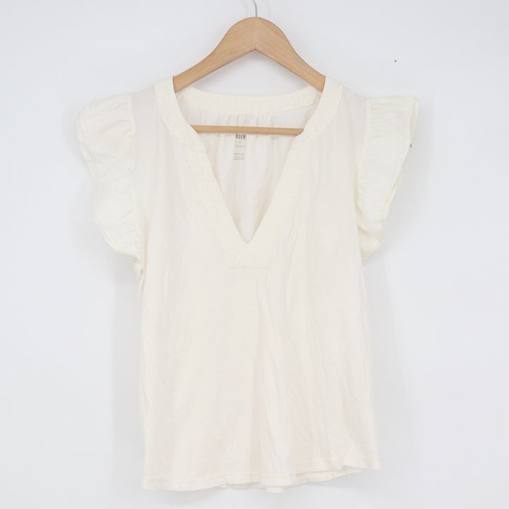 Maeve by Anthropologie Cream Cotton Flutter Sleeve V-Neck Blouse Medium