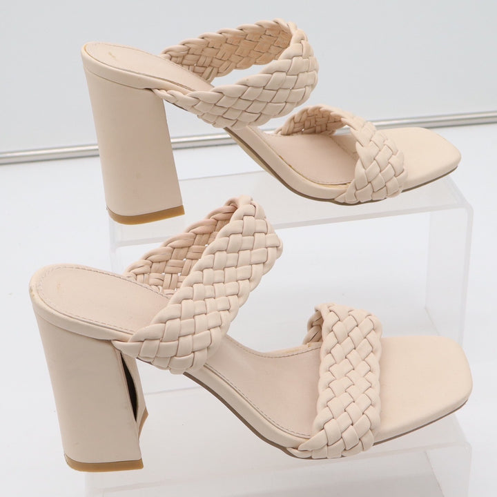Cream Braided Double Strap Mule Heels Square Toe Block Heel Sandal Beige
