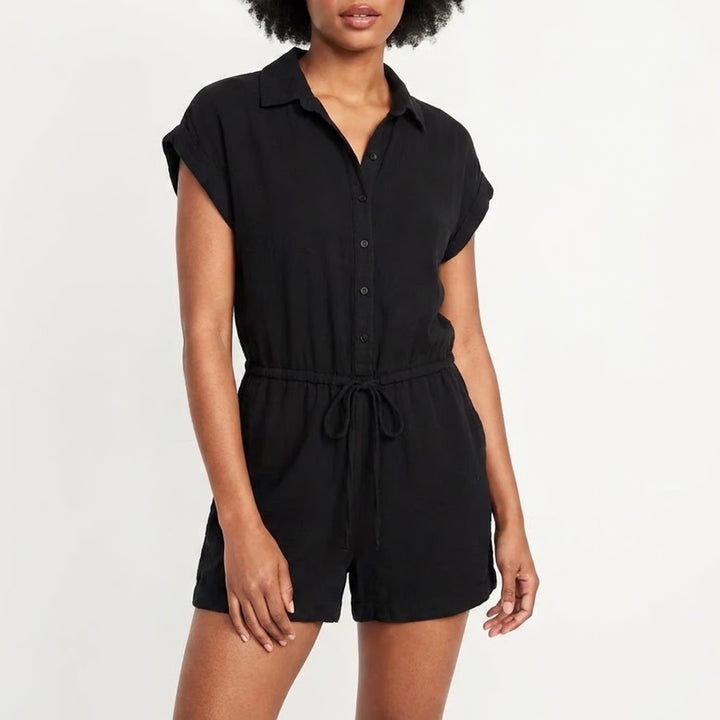 Old Navy Womens Black Button Front Drawstring Waist Romper Size M EAI 314