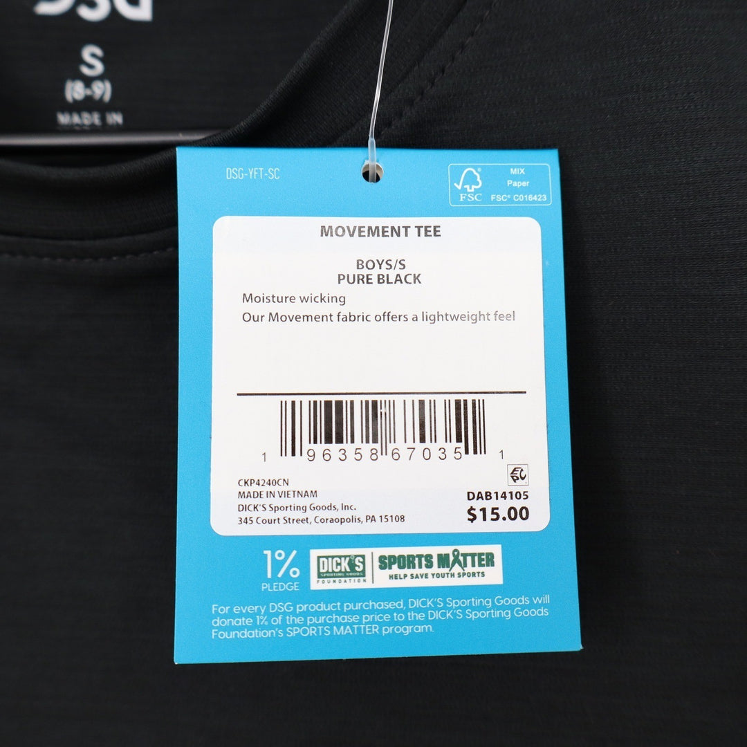 DSG Boys Movement Tee Pure Black Short Sleeve Moisture Wicking Shirt S 8-9