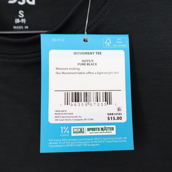 DSG Boys Movement Tee Pure Black Short Sleeve Moisture Wicking Shirt S 8-9