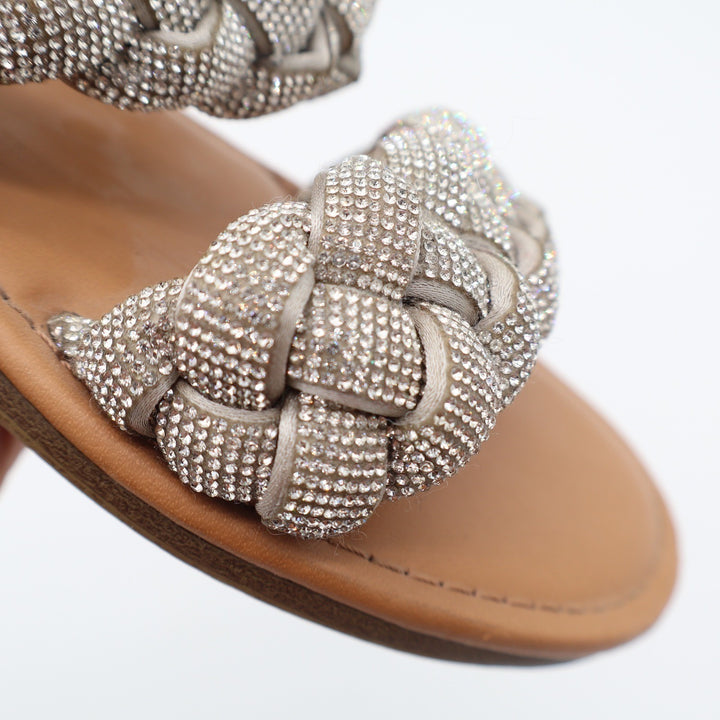 A New Day Slide Sandals Womens 8 Braided Rhinestone Silver Tan Flat Excellent