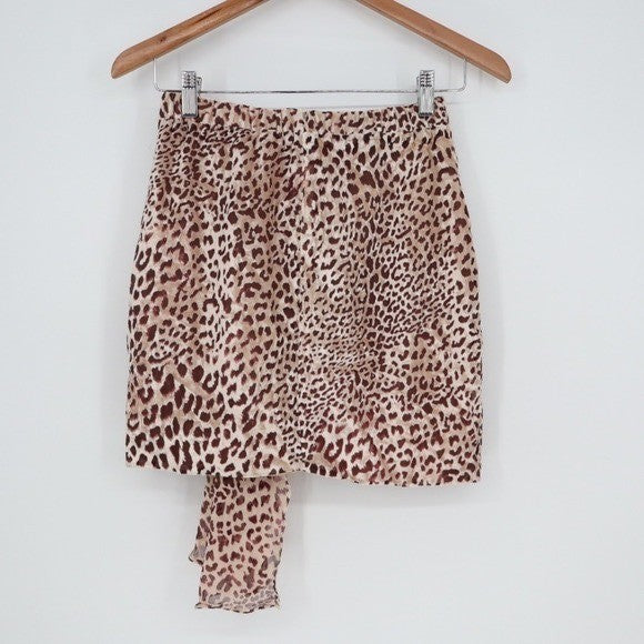 Naked Wardrobe Womens Leopard Print Ruffle Mini Skirt Brown Size M