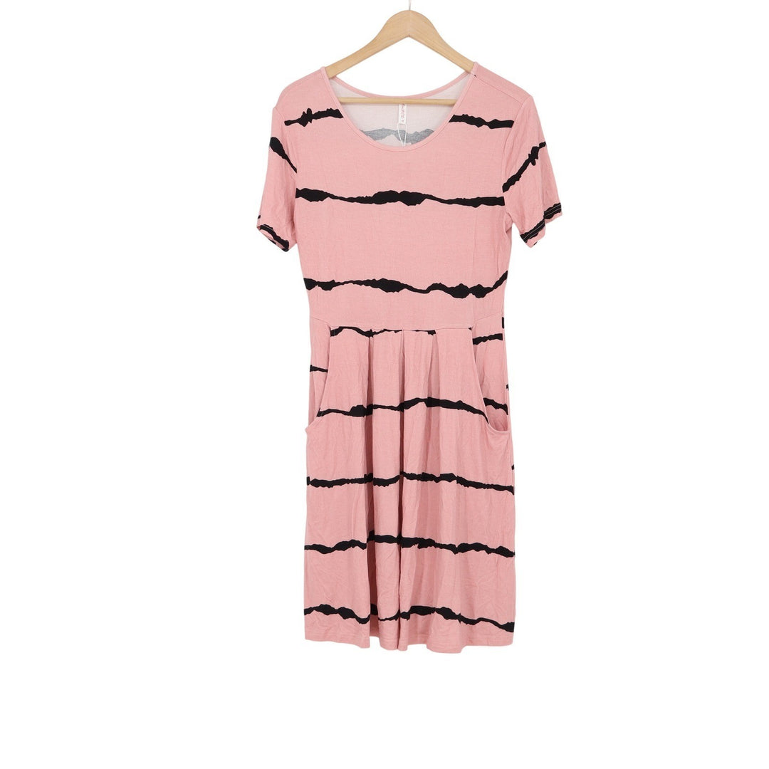 DouBCQ Dress Womens M Fit & Flare Pink Black Striped Pockets Short Sleeve NEW