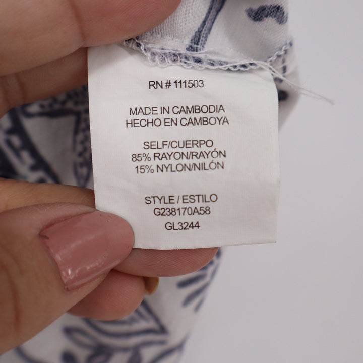 Sara Michelle Navy White Abstract Tropical Print Button Up Blouse Womens Medium