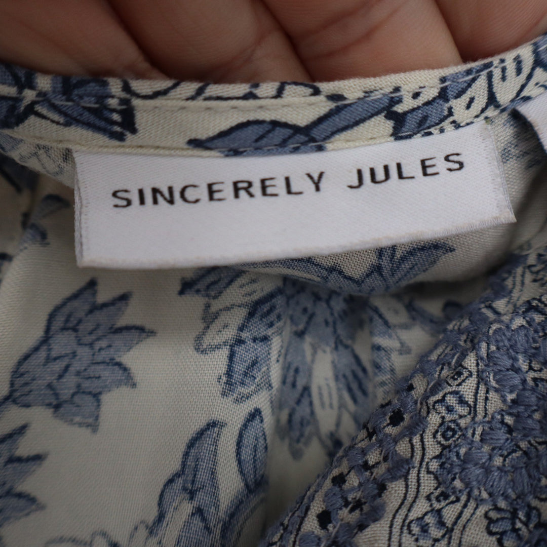 Sincerely Jules Blue Cream Floral Boho Mini Dress Long Sleeve Smocked Back Small