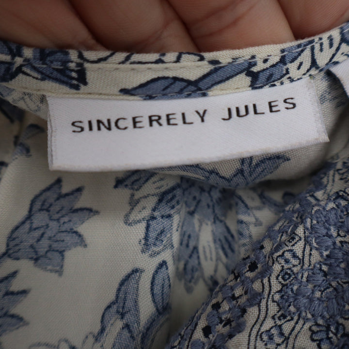 Sincerely Jules Blue Cream Floral Boho Mini Dress Long Sleeve Smocked Back Small