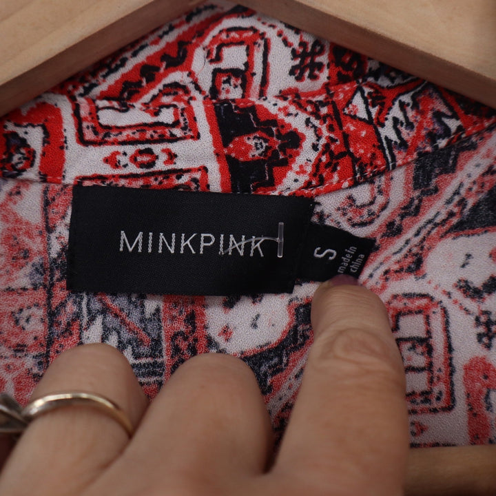 Minkpink Red Blue Geometric Tribal Print Long Sleeve Shirt Midi Dress S