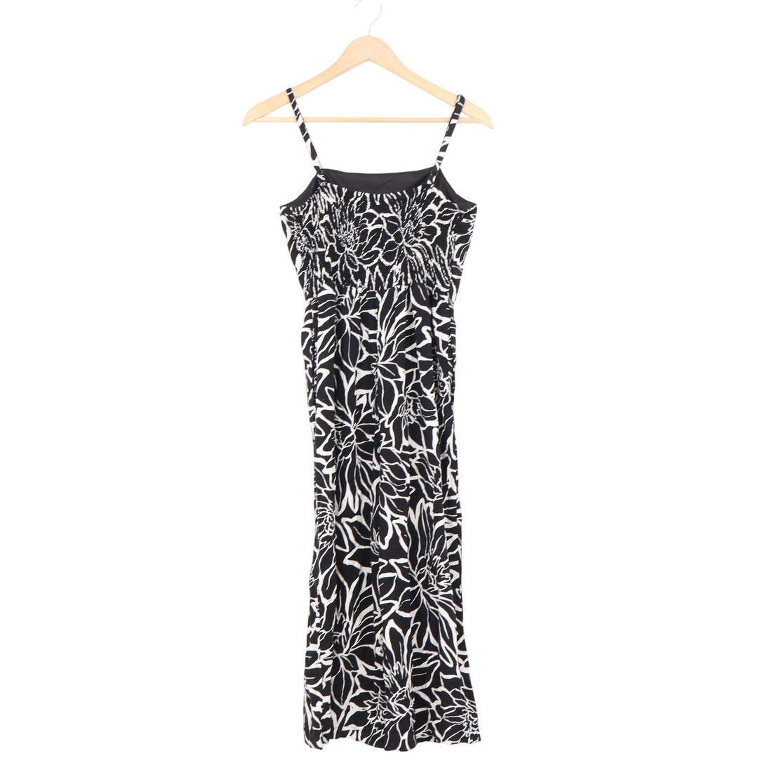 As U Wish Womens Floral Jumpsuit Black White Rayon Linen Wide Leg Size M