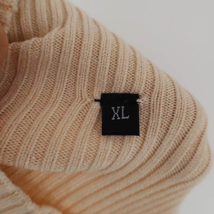 Beige Ribbed Knit Mock Neck Puff Shoulder Sweater Dress XL