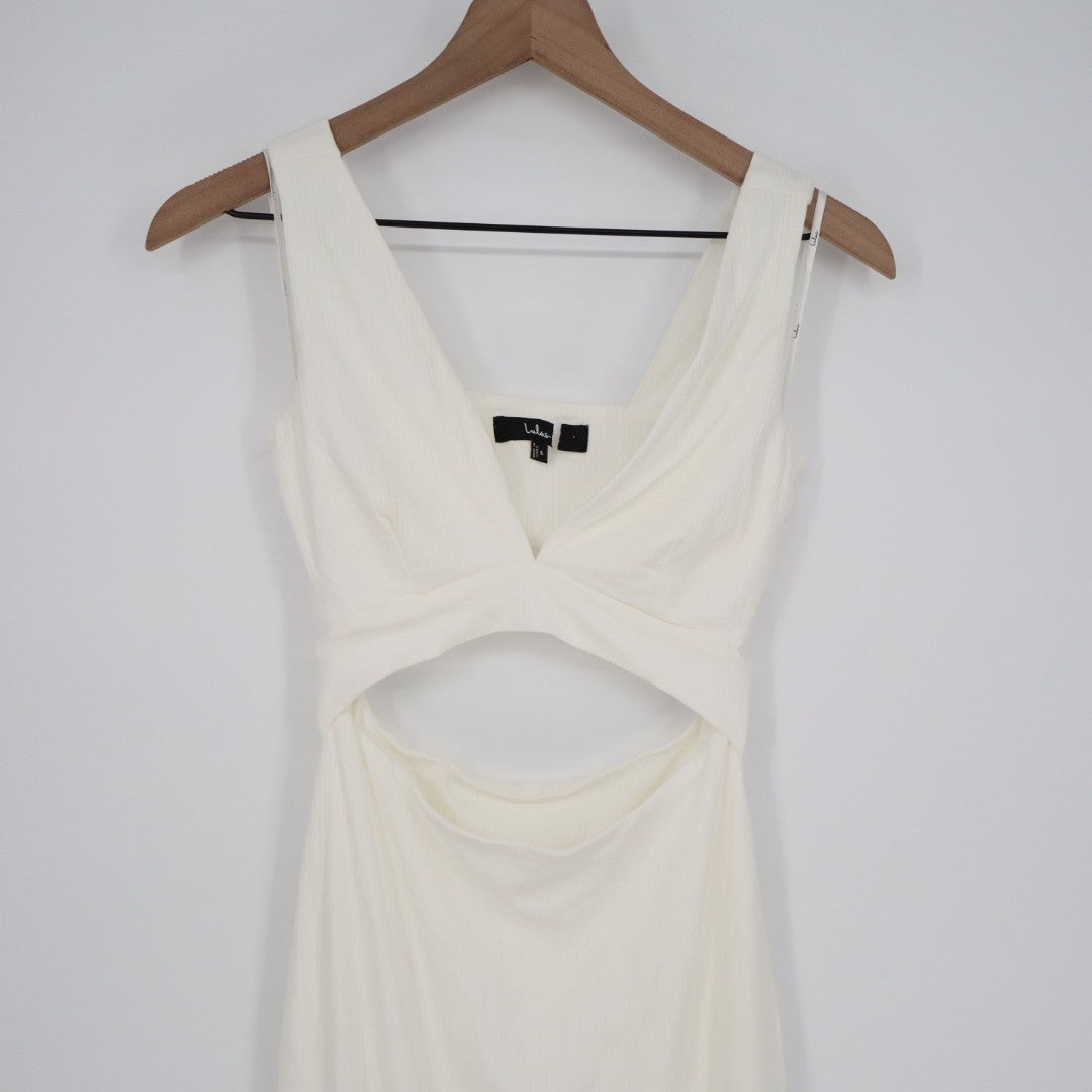 Lulus Divide & Contour Bodycon Midi Dress Womens S White Stretch Ribbed Cutout