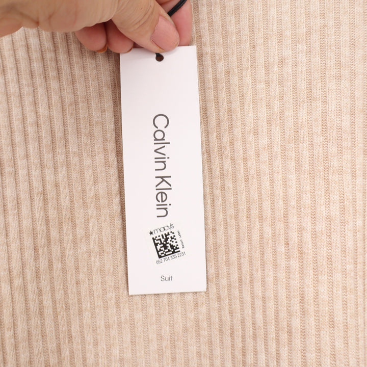 Calvin Klein Womens Ribbed Mock Neck Elbow Sleeve Top Oatmeal Beige L