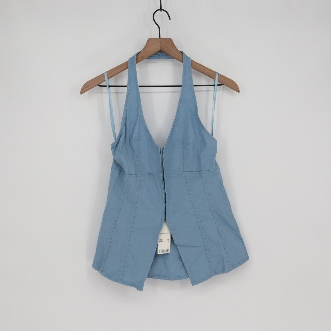 Urban Outfitters UO Sari Vest Women S Ashleigh Blue Linen Hook & Eye Halter Neck