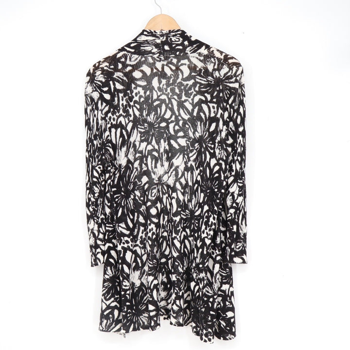 Chicos Black White Abstract Floral Linen Blend Open Front Cardigan Size 1 M