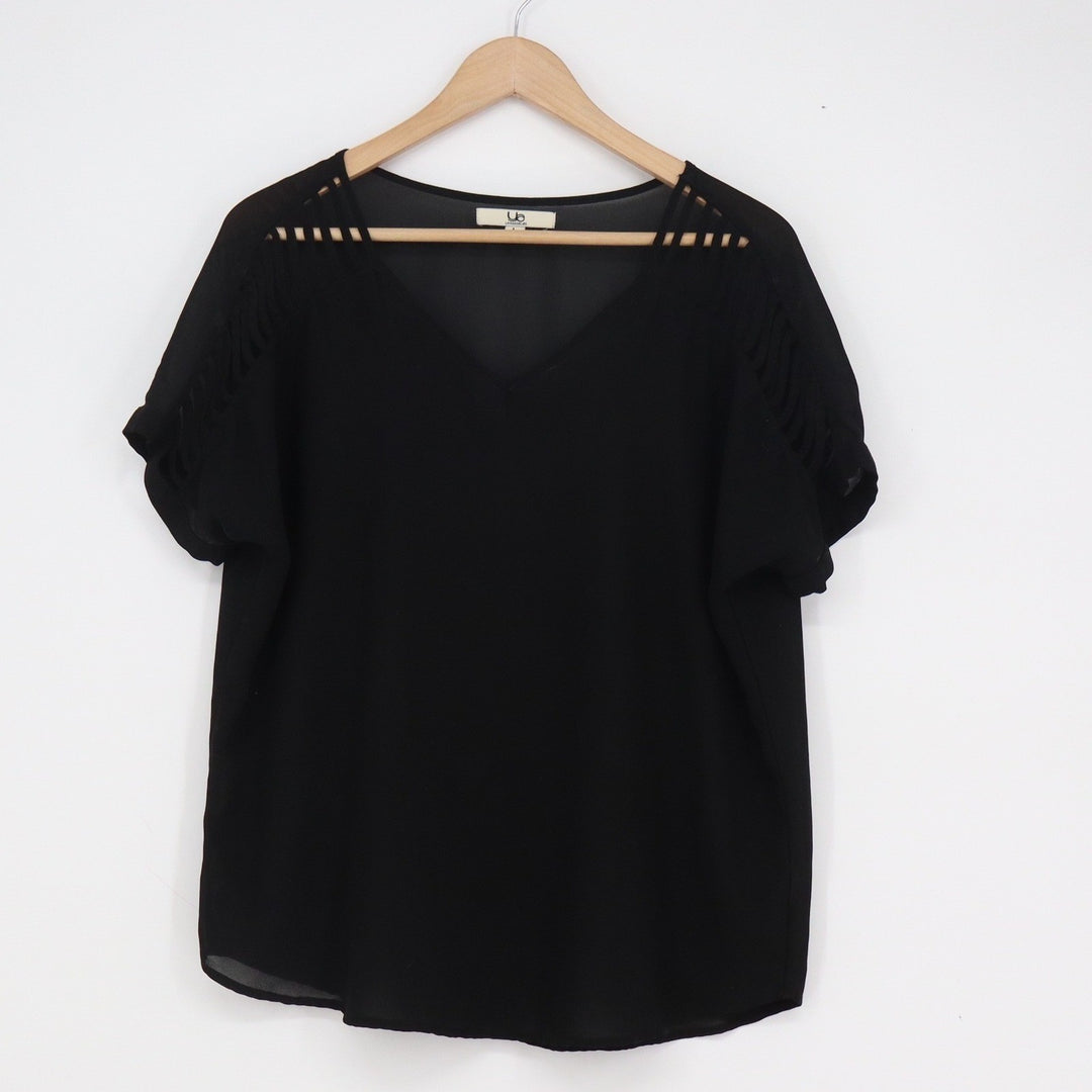 YA Los Angeles Black V-Neck Blouse Short Sleeve Ladder Cutout Sheer Back Large