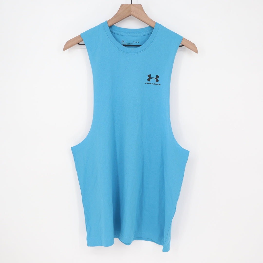 Under Armour Mens Left Chest Cut Off Tank Blue Loose Fit Gym Shirt M