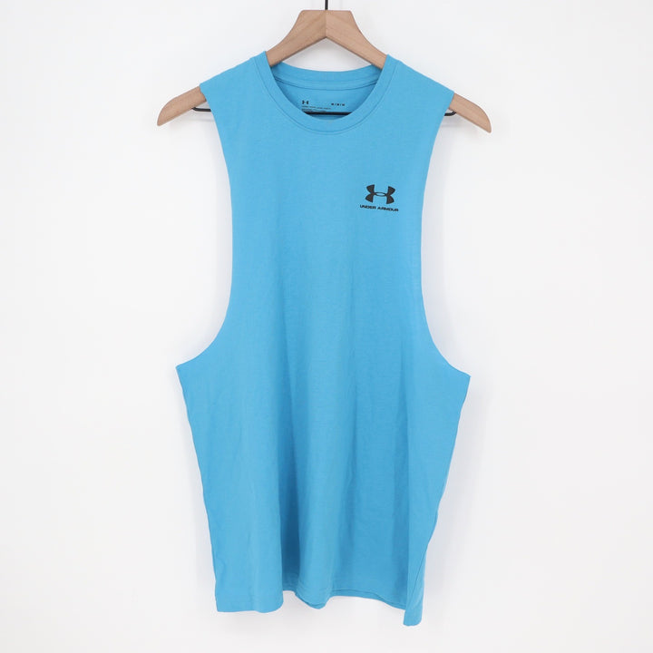 Under Armour Mens Left Chest Cut Off Tank Blue Loose Fit Gym Shirt M