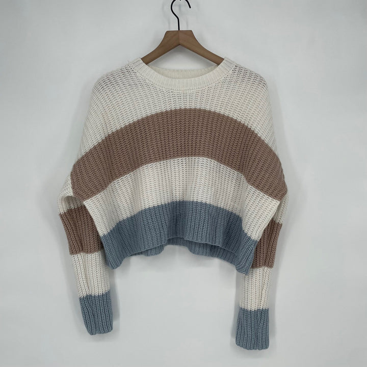 Moon & Madison Striped Cropped Sweater Size L Cream Brown Blue Acrylic Knit