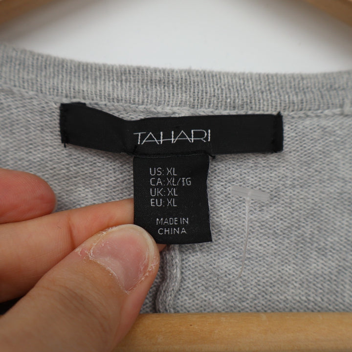 Tahari Cardigan Sweater Womens XL Heather Gray Textured Tight Knit Open Front