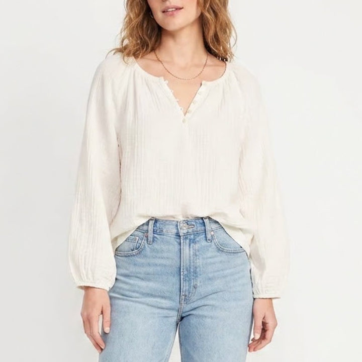 Old Navy Womens XL White Cotton Gauze Long Sleeve Button Split Neck Blouse Top