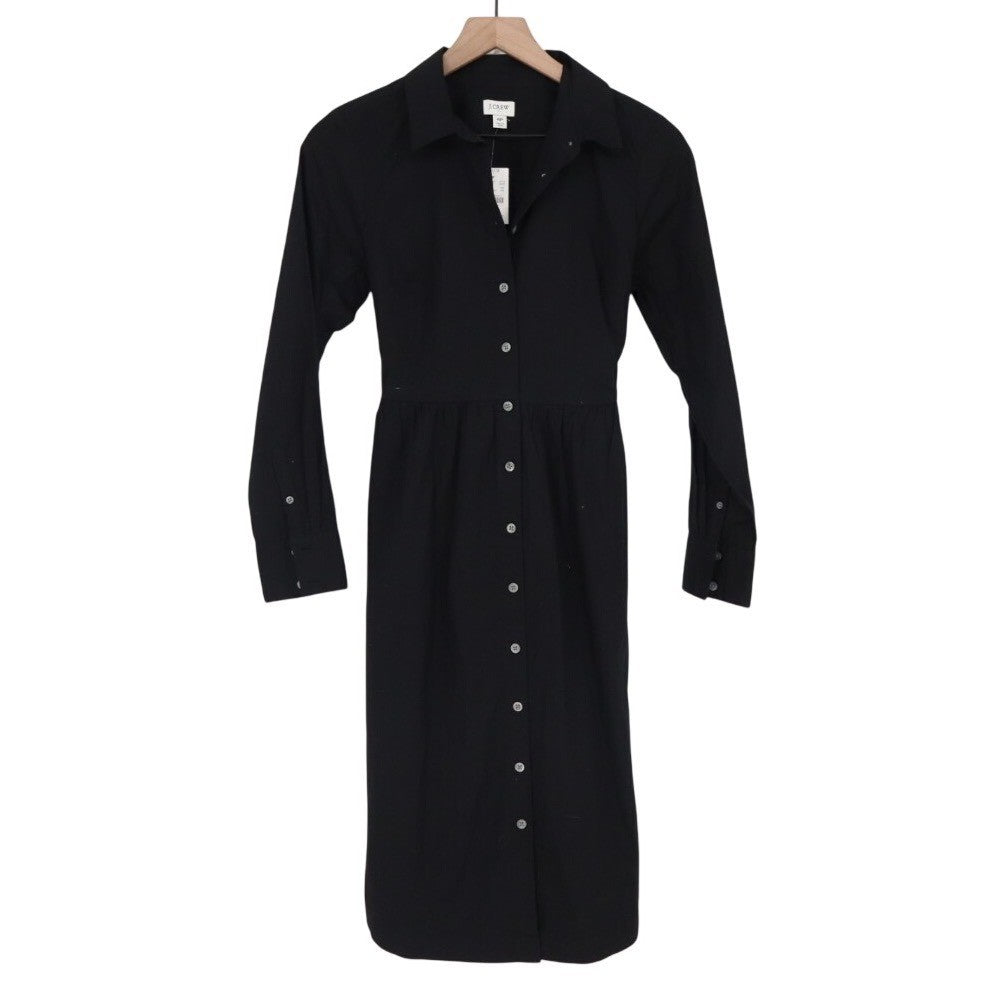 J. Crew Midi Shirt Dress Womens 4 Petite Black Cotton Stretch Spread Collar