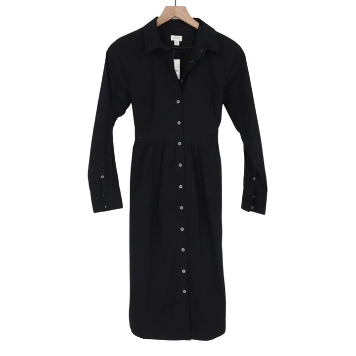 J. Crew Midi Shirt Dress Womens 4 Petite Black Cotton Stretch Spread Collar