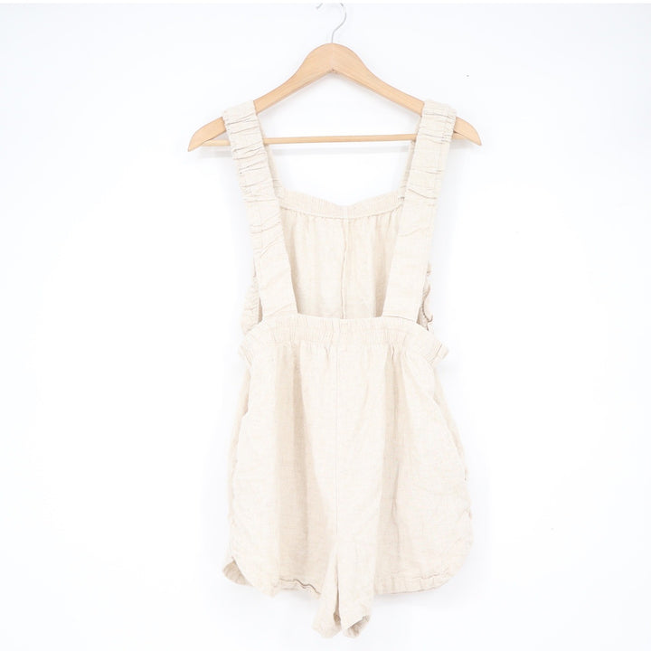 Candidly Chan Oatmeal Beige Linen Blend Ruffle Strap Romper Small