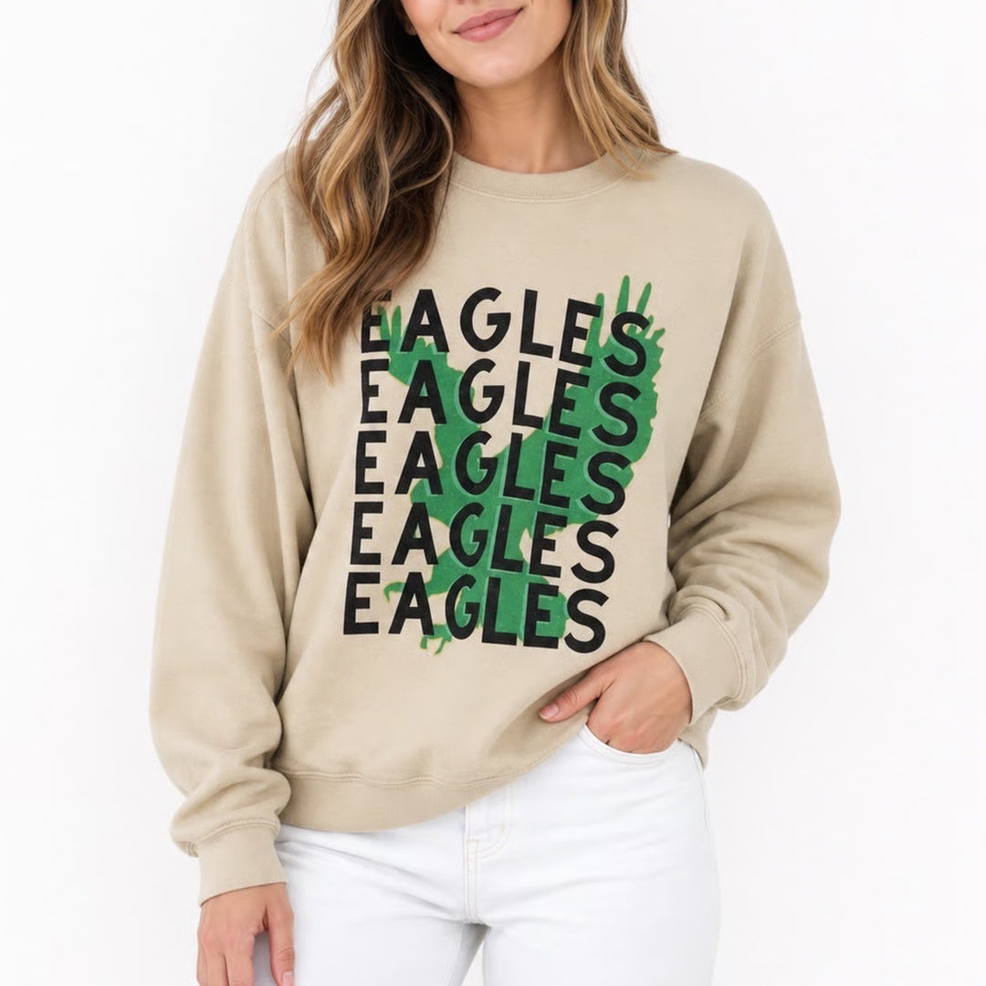 Tan Eagles Graphic Crewneck Sweatshirt Beige Pullover Sports Streetwear Large