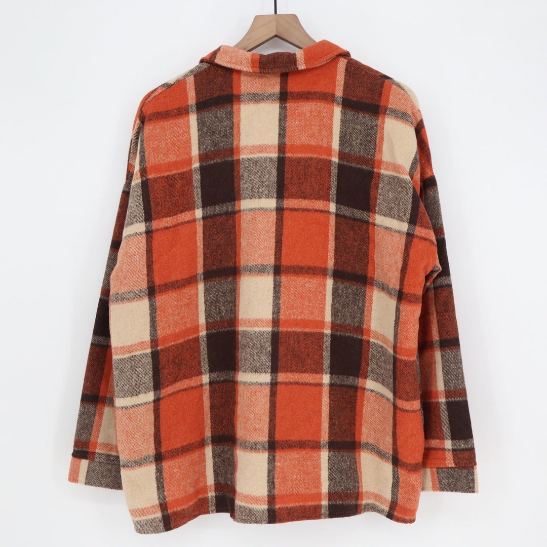 Orange Plaid Oversized Shacket Button Down Shirt Jacket XL Brown Cream Check