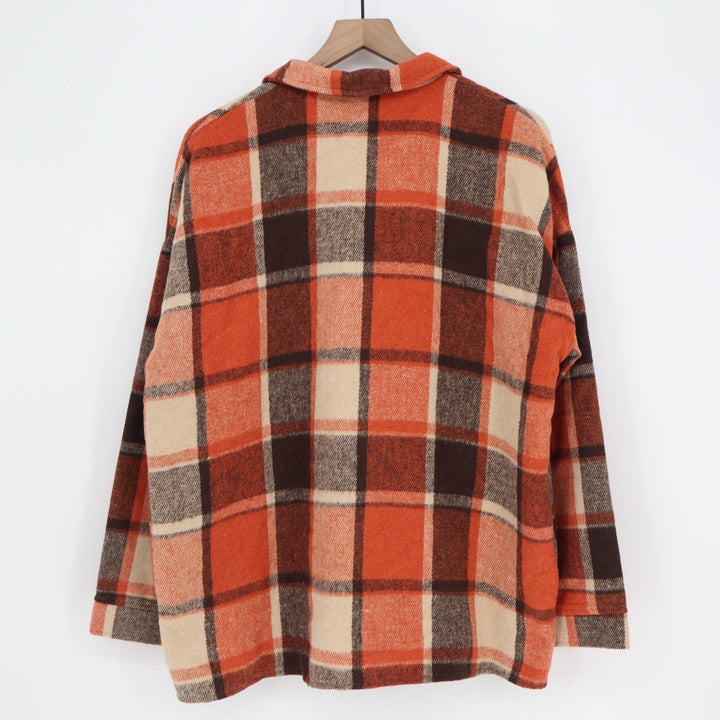 Orange Plaid Oversized Shacket Button Down Shirt Jacket XL Brown Cream Check