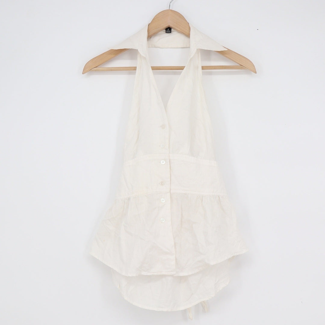 Nine West White Cotton Halter Peplum Top Button Front Collared Size 2