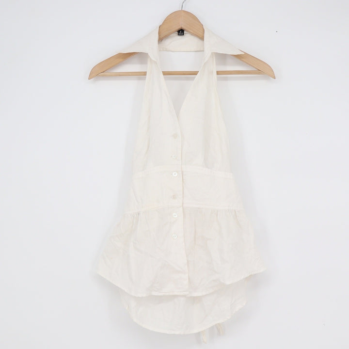 Nine West White Cotton Halter Peplum Top Button Front Collared Size 2