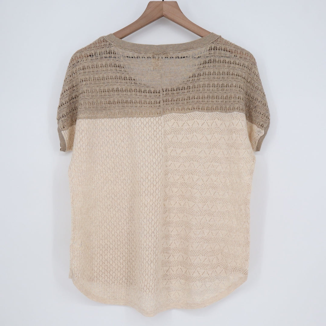 DKNY Jeans Sweater Womens Medium Beige Colorblocked Open Knit Cotton Ribbed