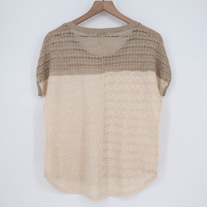 DKNY Jeans Sweater Womens Medium Beige Colorblocked Open Knit Cotton Ribbed
