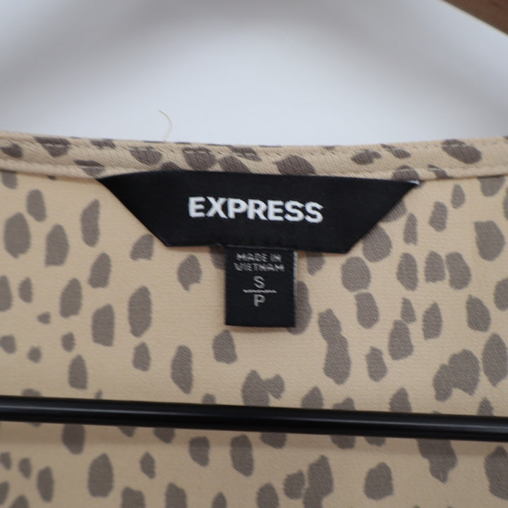 Express Womens Petite Small Tan Animal Print V-Neck Button Front Peplum Blouse