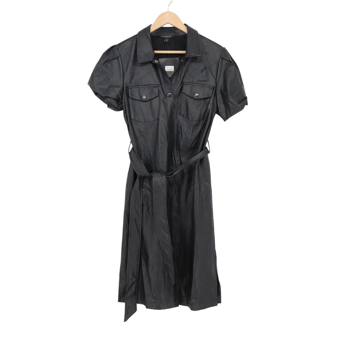 Marc New York Andrew Marc Black Faux Leather Belted Shirt Dress M