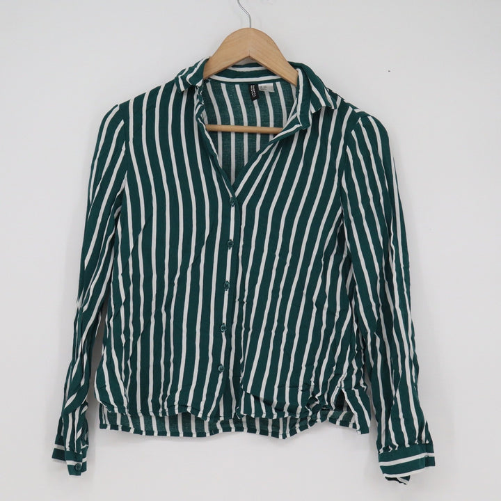 H&M Divided Green White Striped Button Up Blouse Viscose 3XS