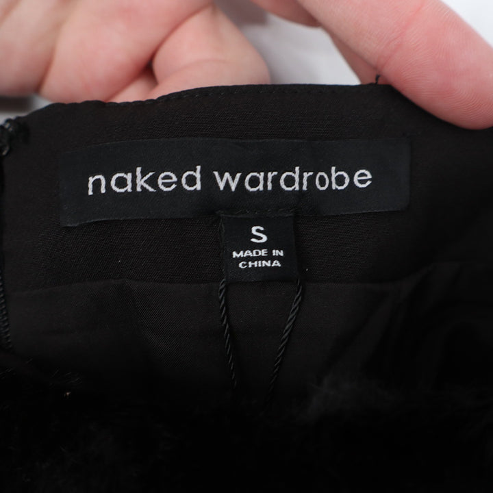 Naked Wardrobe Black Faux Fur Trim Front Cutout Mini Dress Small