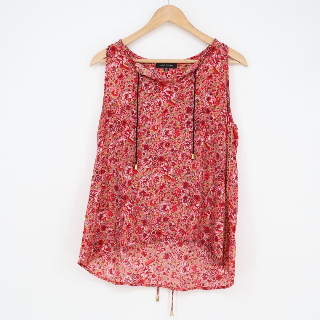 Karma Highway Red Floral Viscose Sleeveless Boho Top One Size Drawstring Tie